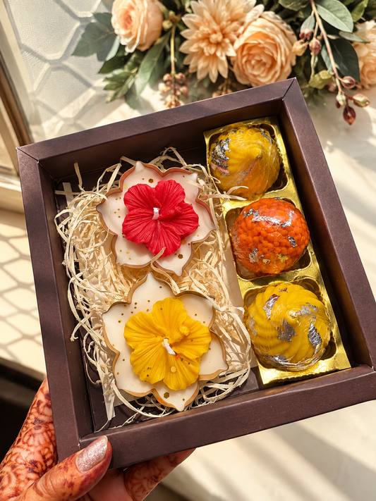 Festive Candle Gift Set with Gift Box | Decorative Flower & Round Candles