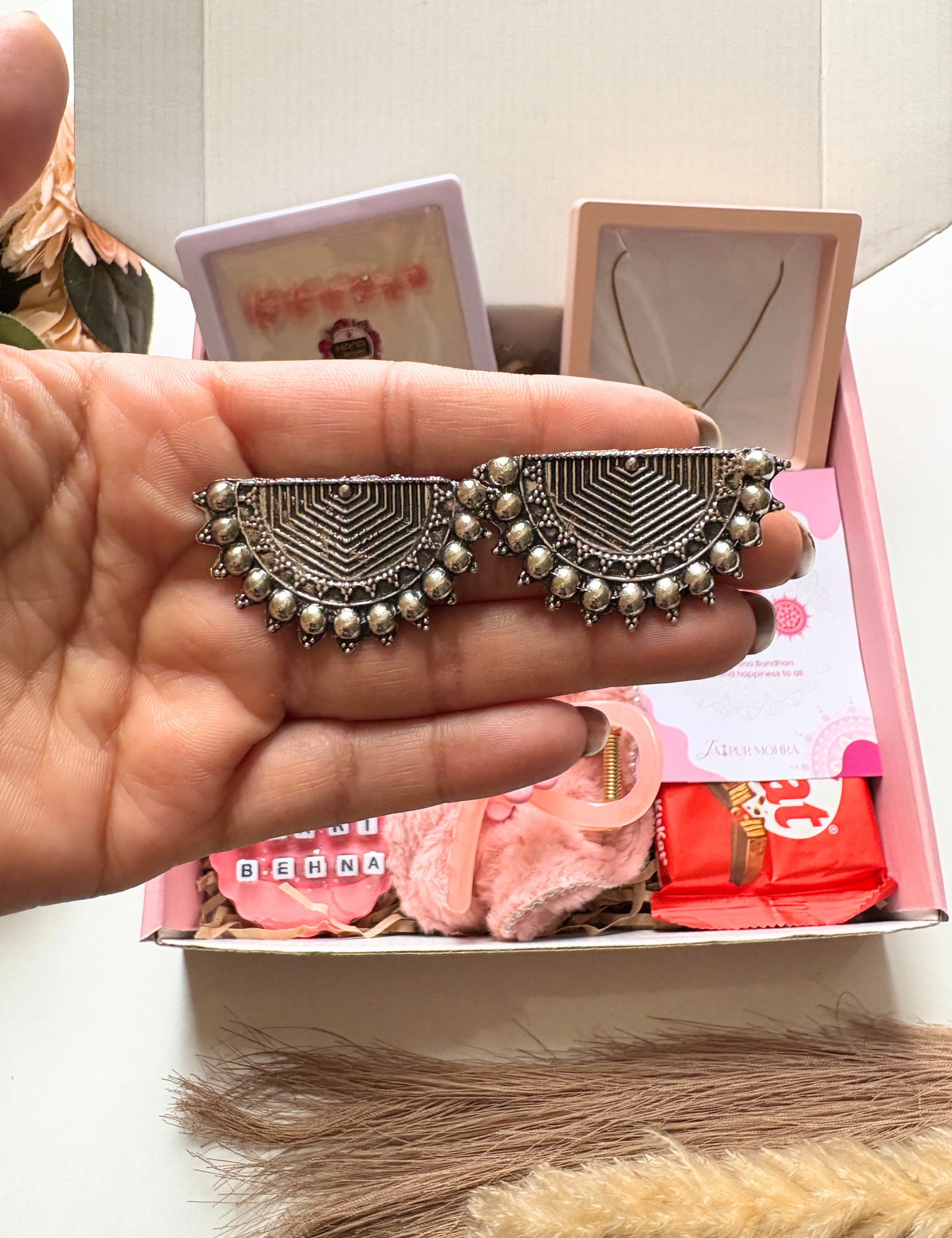The Candleloom Premium Rakhi Hamper with Oxidised Earrings, Pendant & Wax Sachet