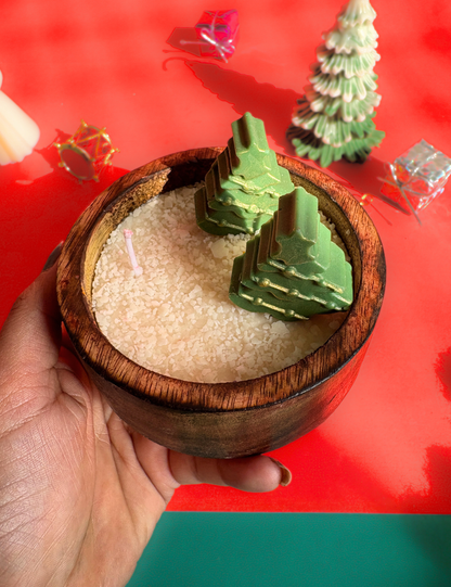 Rustic Winter Forest Wooden Bowl Candle