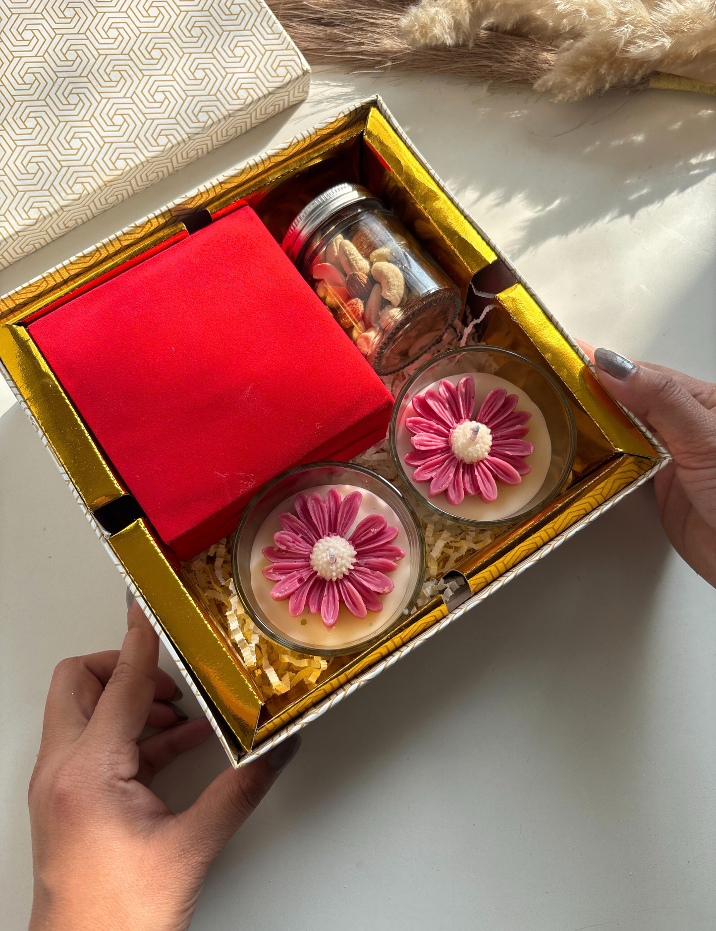 Floral Aroma Candle Gift Hamper with Dry Fruits & Jewellery Box – Luxury Gifting Set