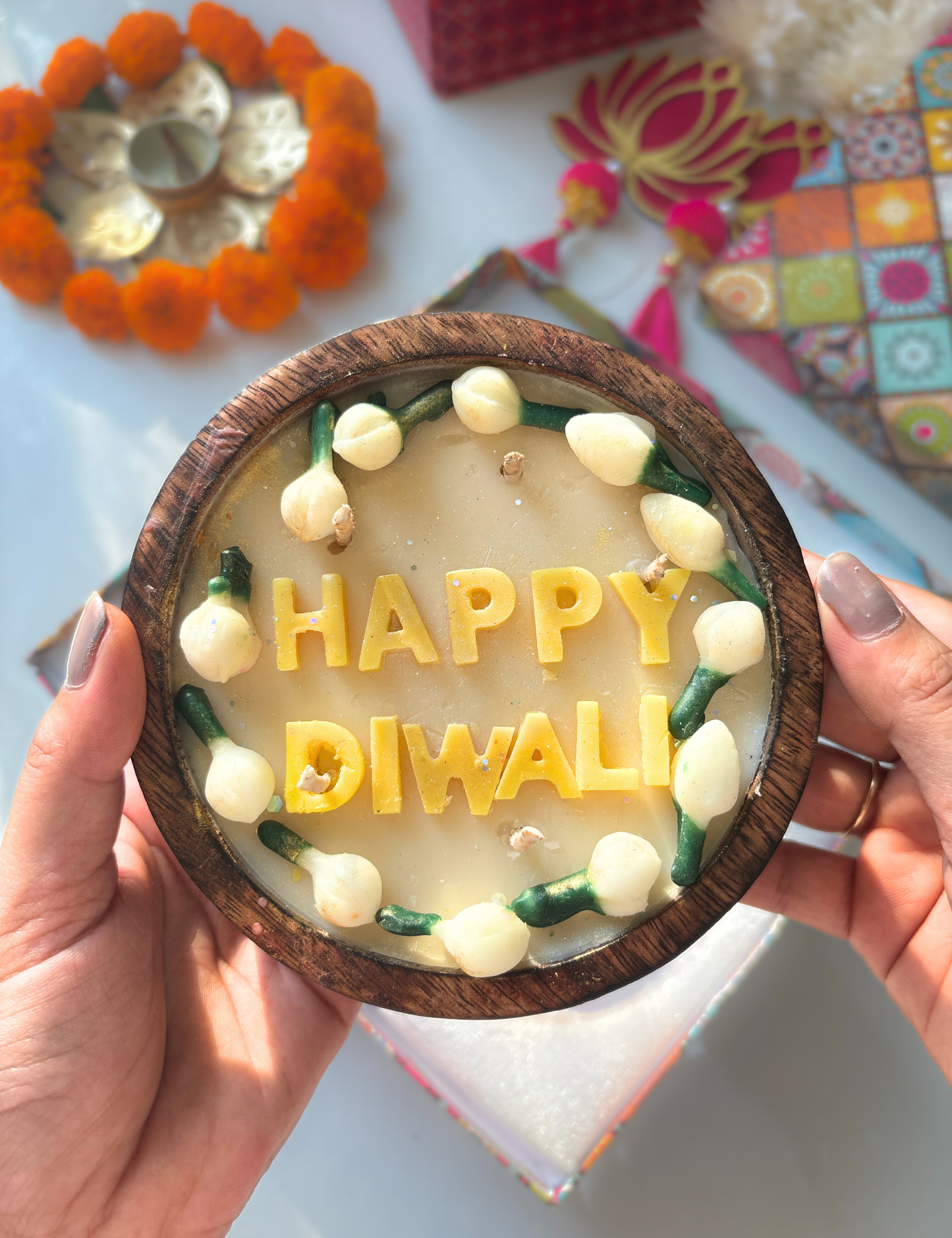 'Happy Diwali' Scented Wax Candle Gift Set – Decorative Festive Diya Candles with Floral Design for Diwali Decoration & Gifting