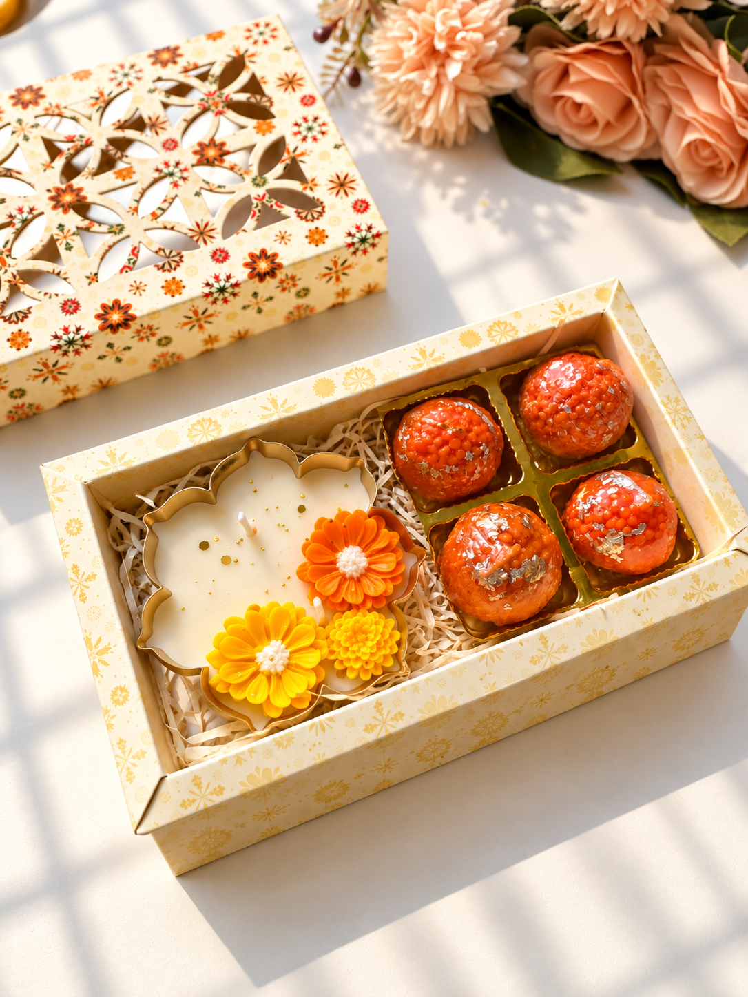 Floral urli Candle & 4 Laddoo Candle Gift Box – Premium Diwali Hamper
