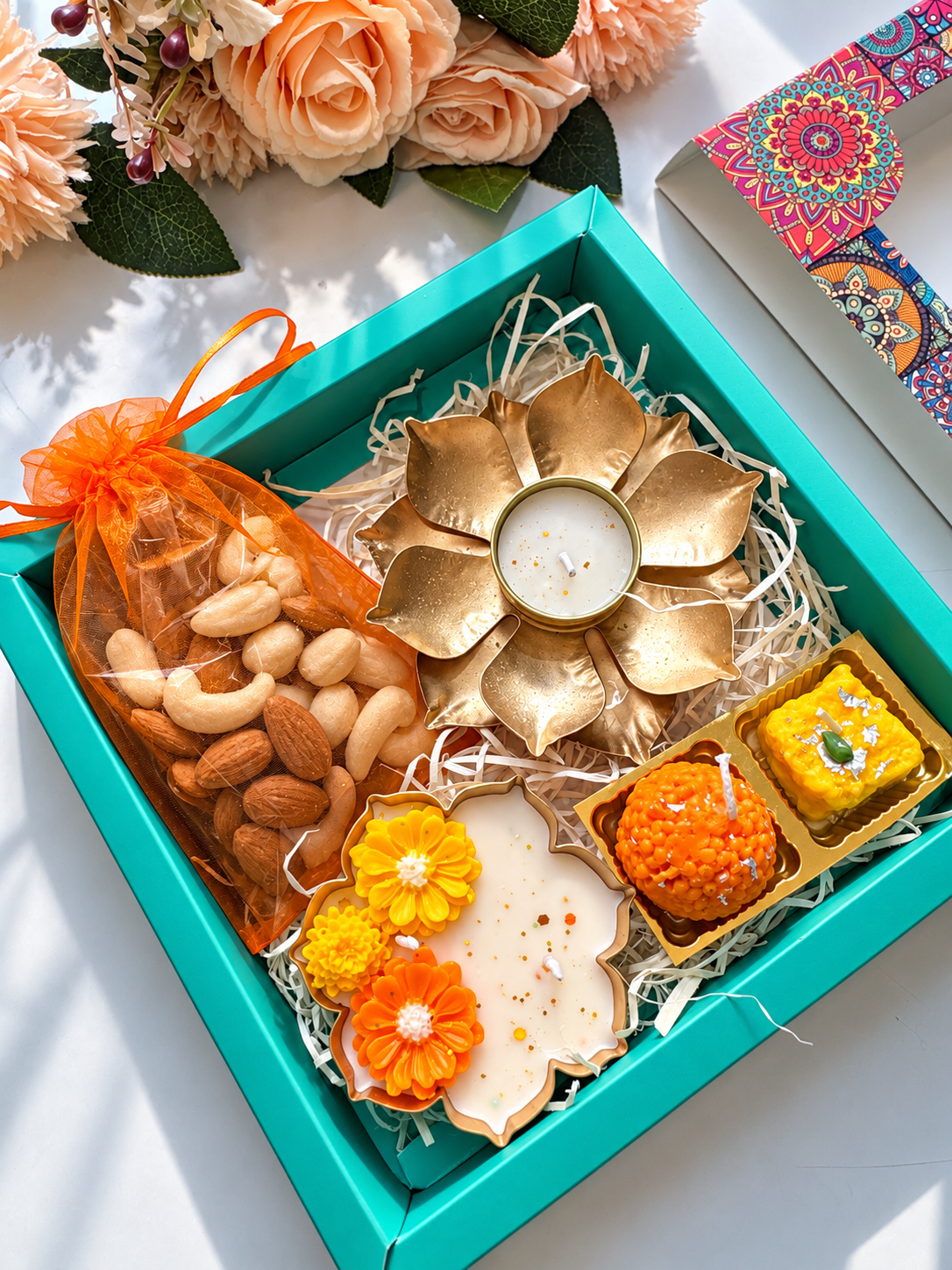 Luxury Diwali Candle Gift Hamper with Dry Fruits & Mithai Candles | Festive Gift Box