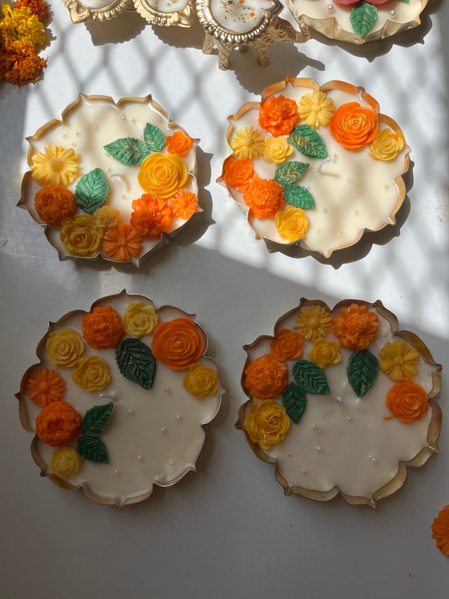 Premium Marigold Metal Urli Candle with Leaf Design