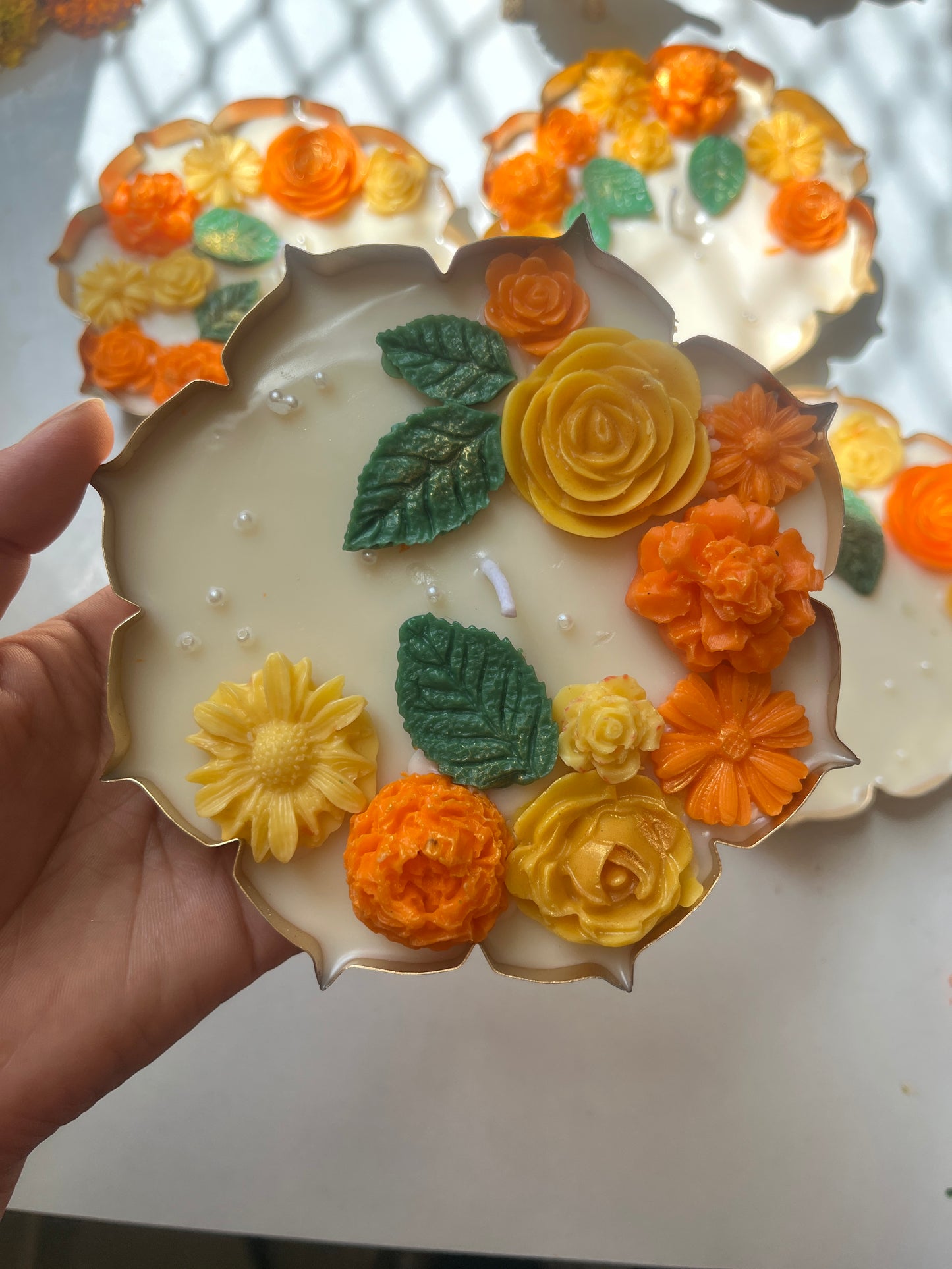 Premium Marigold Metal Urli Candle with Leaf Design