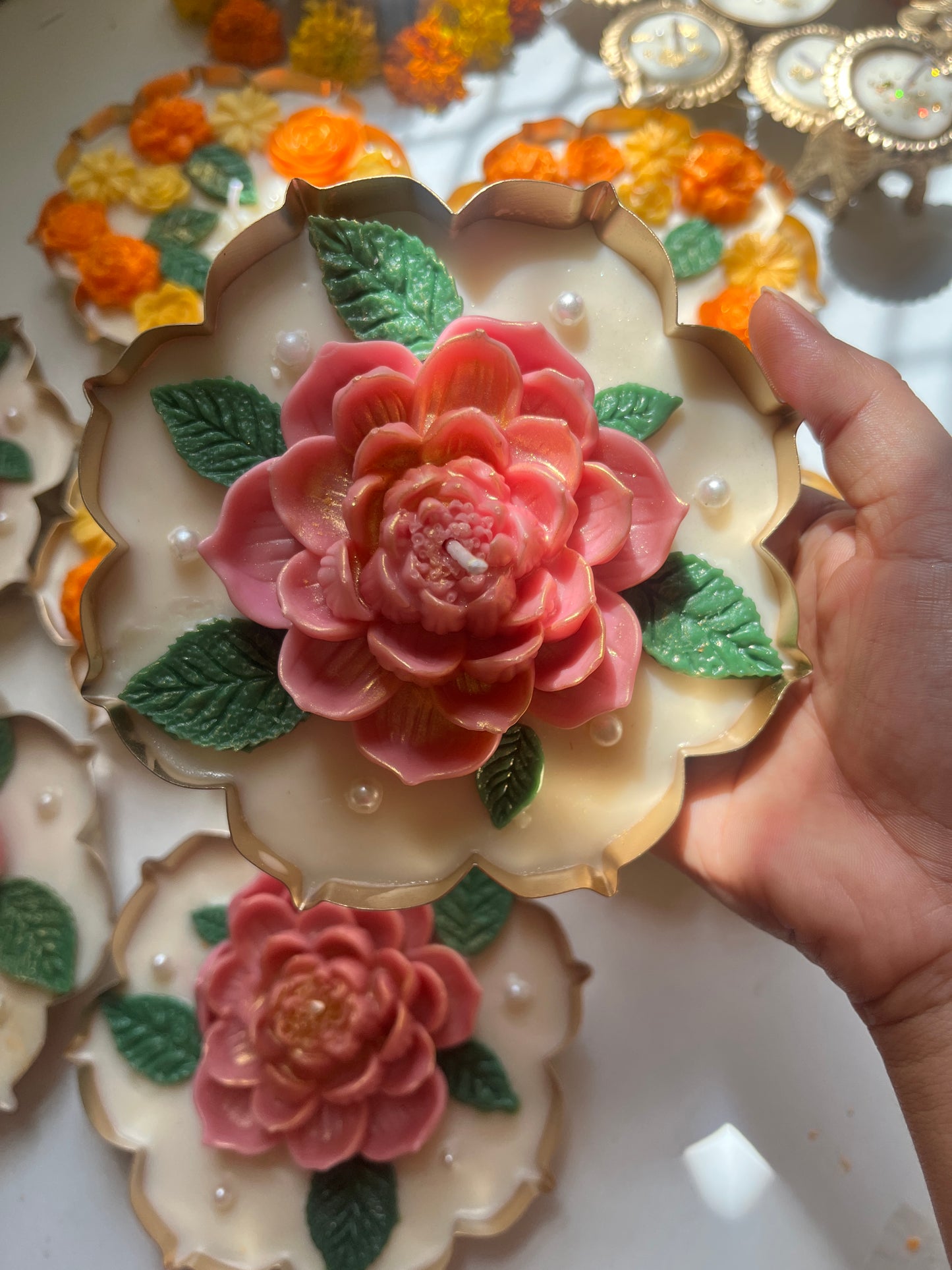 Premium Pink Lotus Urli Candle with Golden Leaf Design