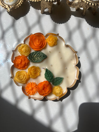 Premium Marigold Metal Urli Candle with Leaf Design