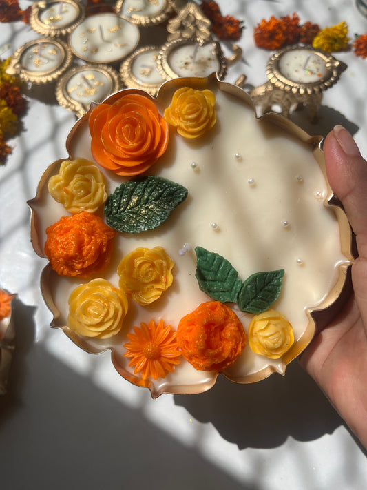 Premium Marigold Metal Urli Candle with Leaf Design