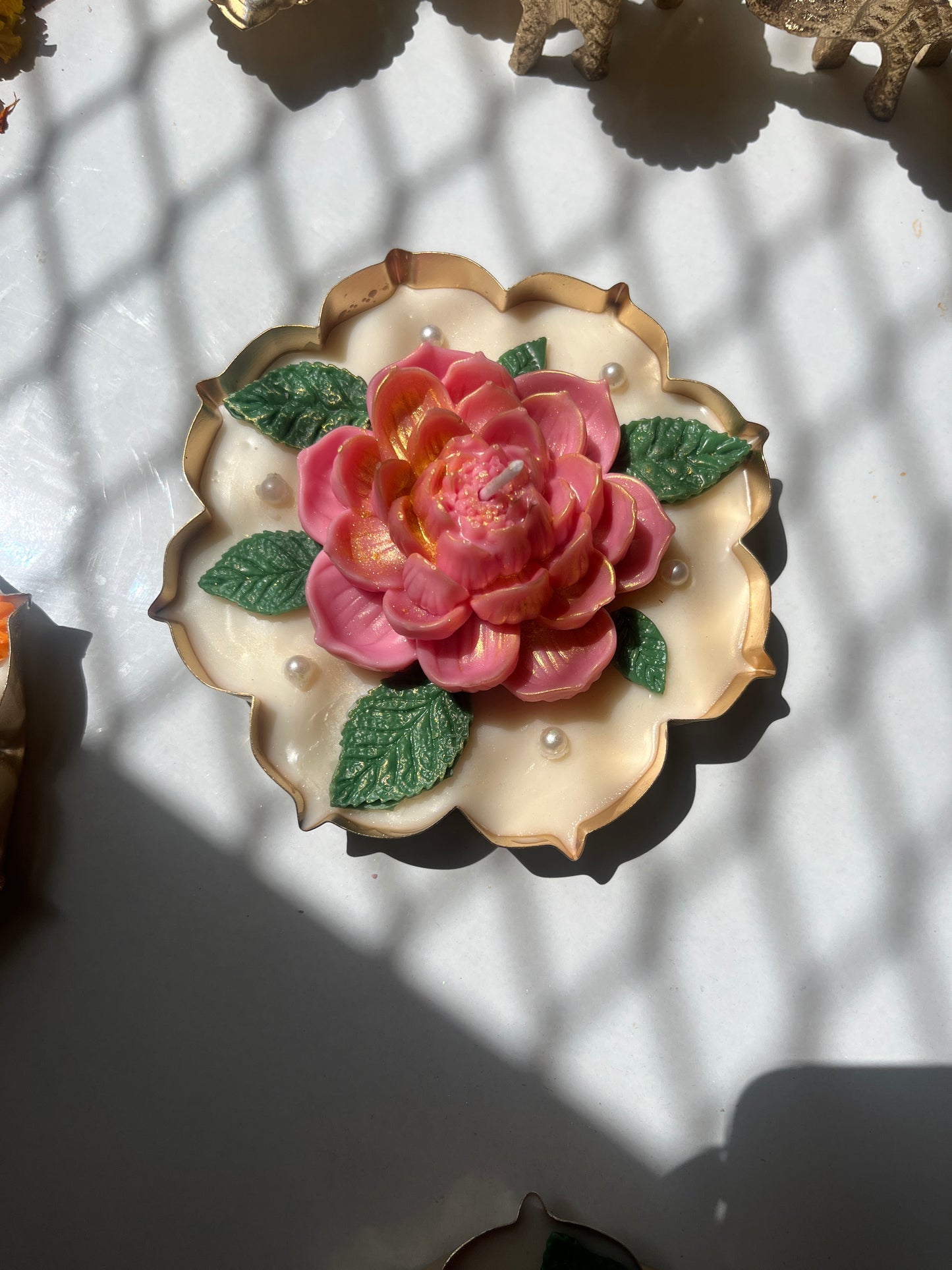 Premium Pink Lotus Urli Candle with Golden Leaf Design