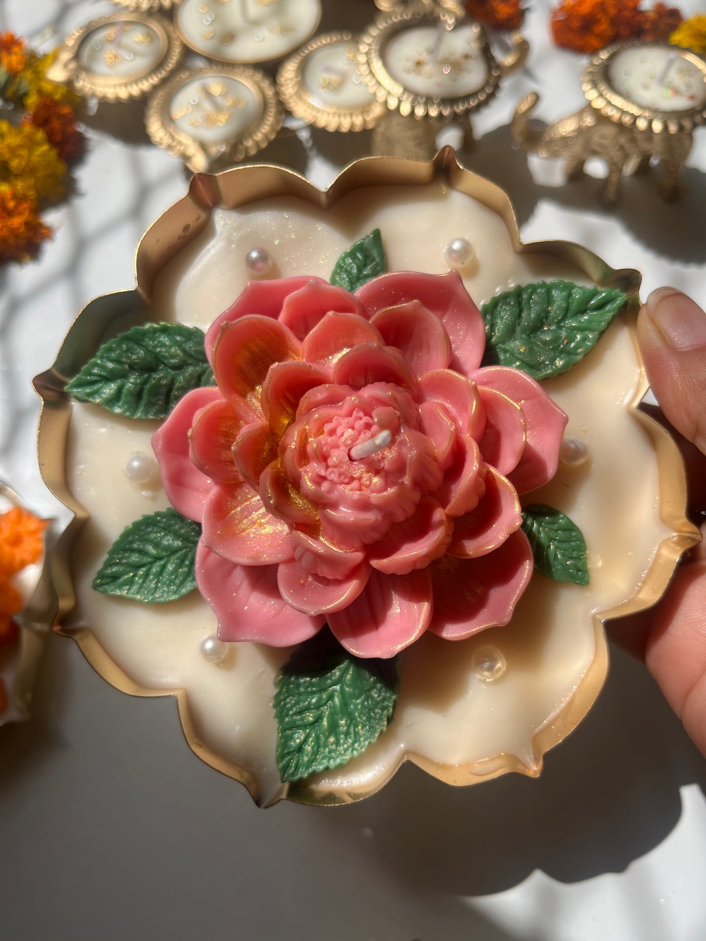Premium Pink Lotus Urli Candle with Golden Leaf Design
