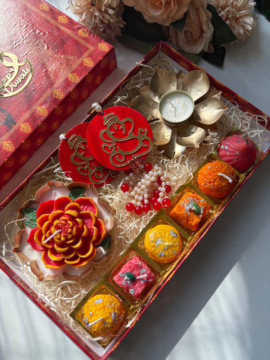 Luxury Diwali Gift Hamper with Floral Candle, Mithai Candles & Lotus Tealight Holder | The Candleloom