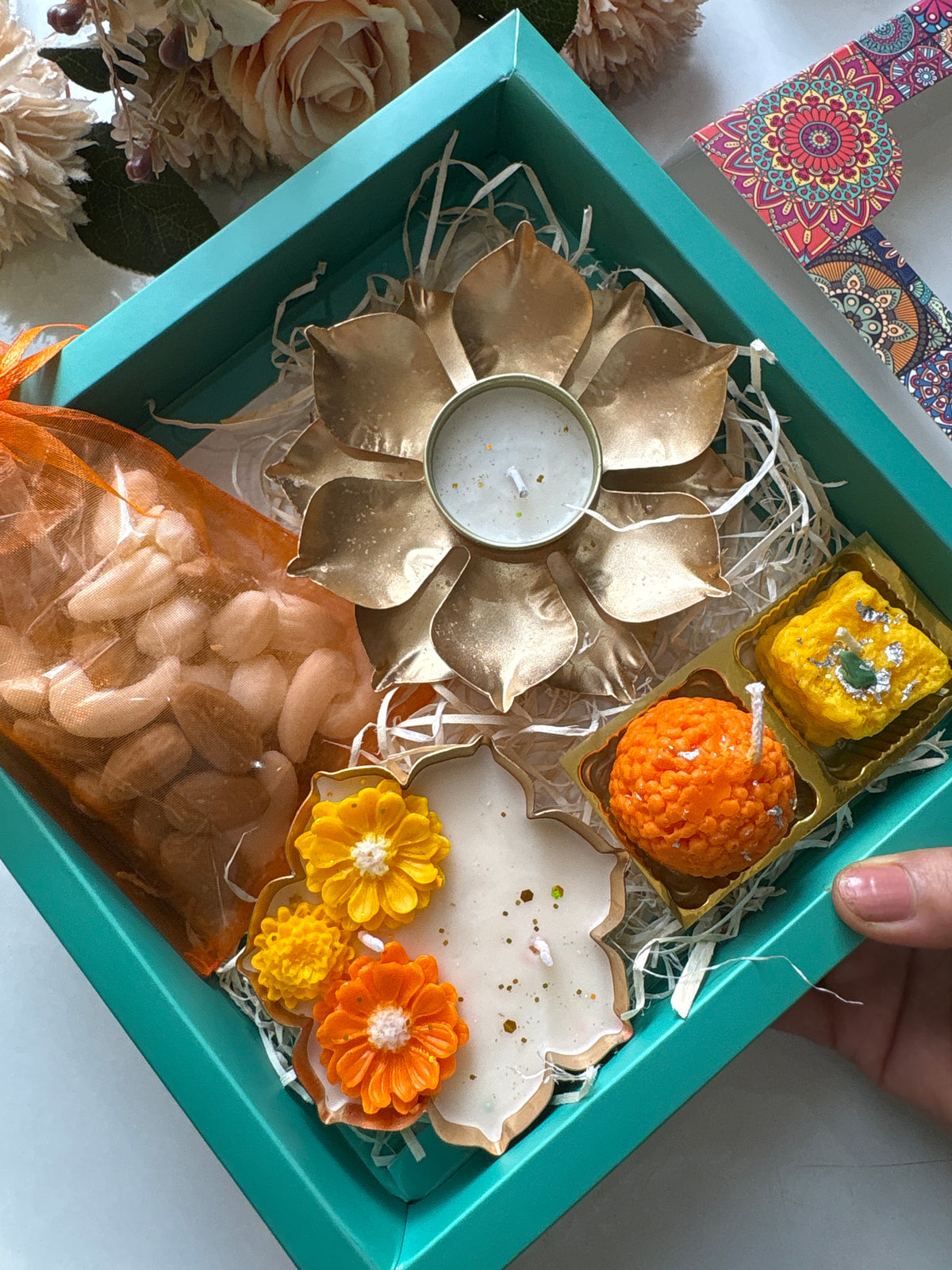 Luxury Diwali Candle Gift Hamper with Dry Fruits & Mithai Candles | Festive Gift Box