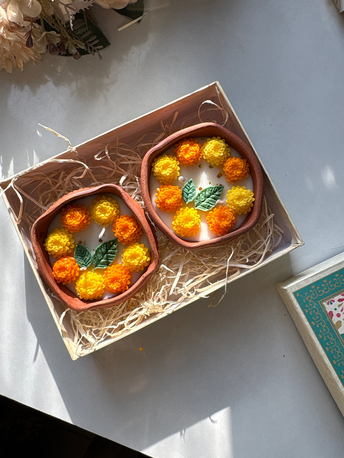 Set of 2 Terracotta Marigold Candles | Handmade Festive Diya Style Candle Gift Set