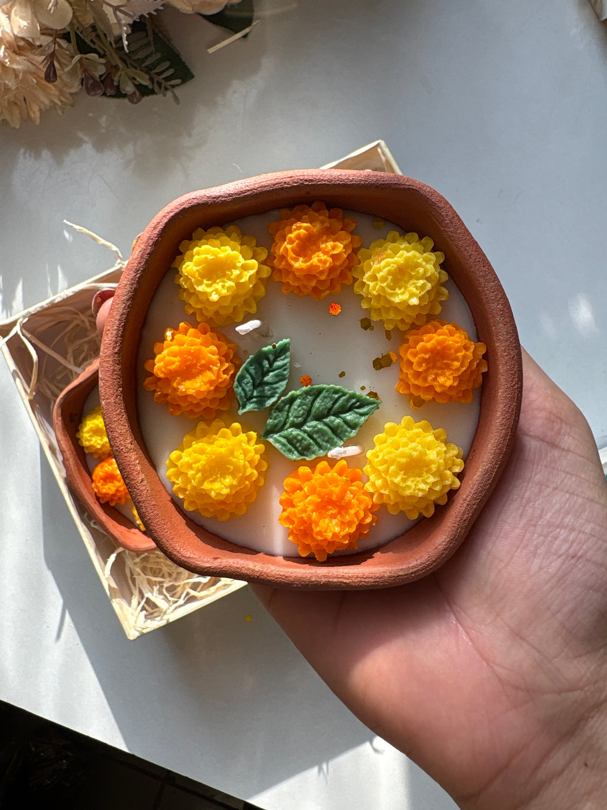 Set of 2 Terracotta Marigold Candles | Handmade Festive Diya Style Candle Gift Set