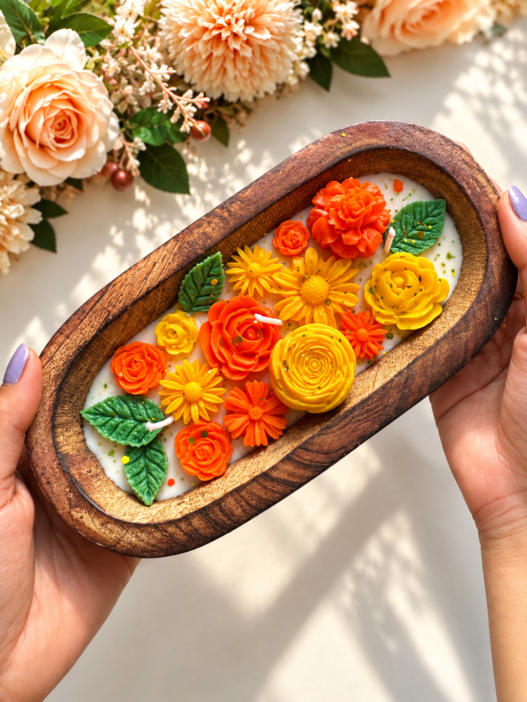 Luxury Floral Wooden Tray Candle with Gift Box | Decorative Flower Candle