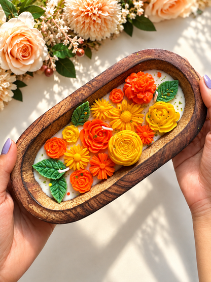 Luxury Floral Wooden Tray Candle with Gift Box | Decorative Flower Candle
