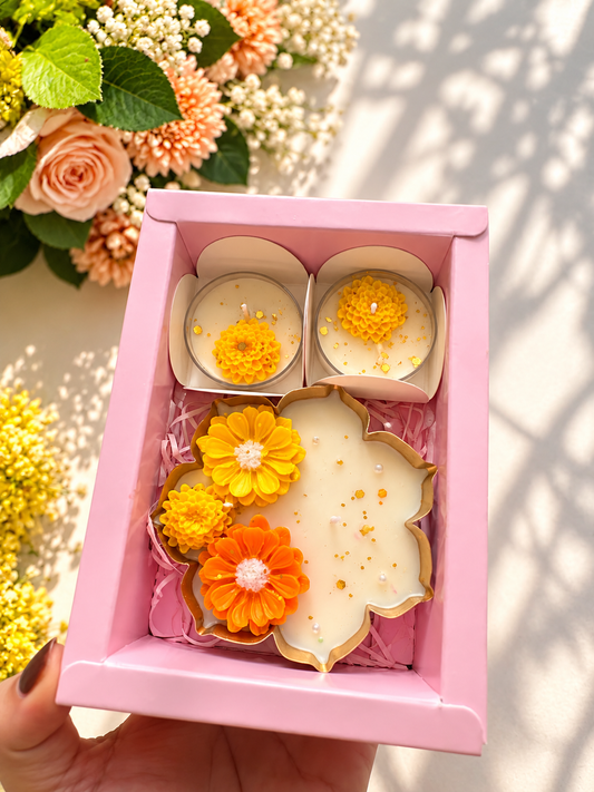 Floral Candle Gift Set of 3 with Pink Gift Box | Decorative Flower Candles
