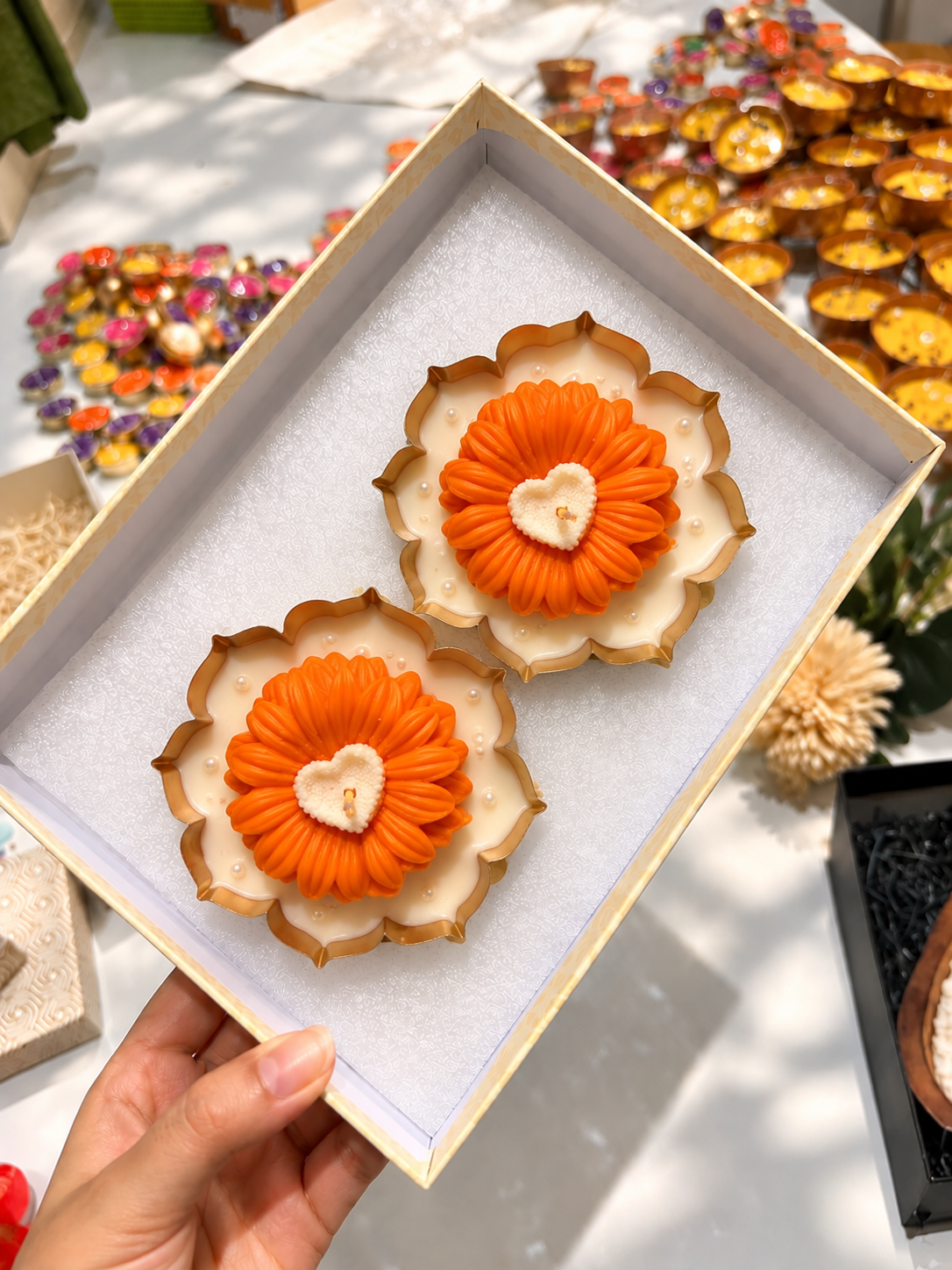 Set of 2 Lotus Flower Candles with Gift Box | Decorative Festive Candles