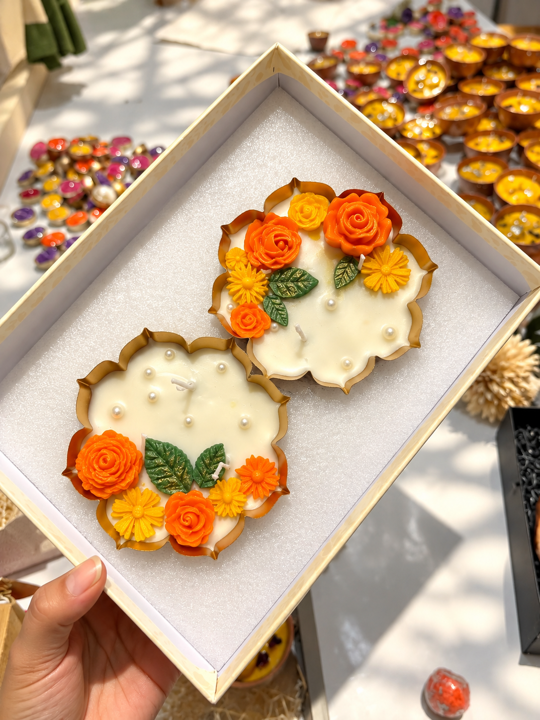 Set of 2 Floral Decorative Candles with Gift Box | Orange Flower Candles