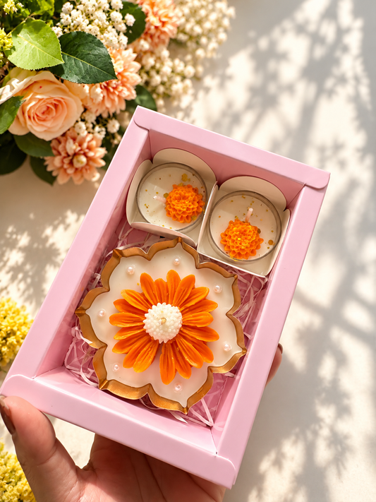 Orange Flower Candle Gift Set of 3 with Pink Gift Box | Floral Decorative Candles