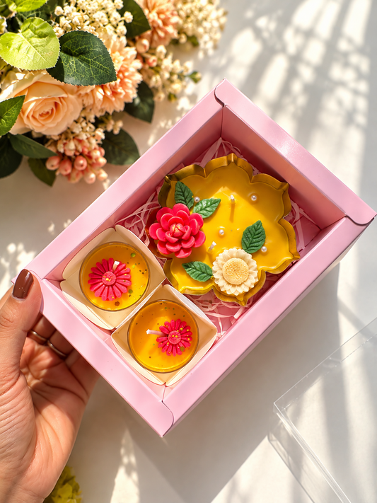 Festive Floral Candle Gift Set of 3 with Pink Gift Box | Decorative Flower Candles
