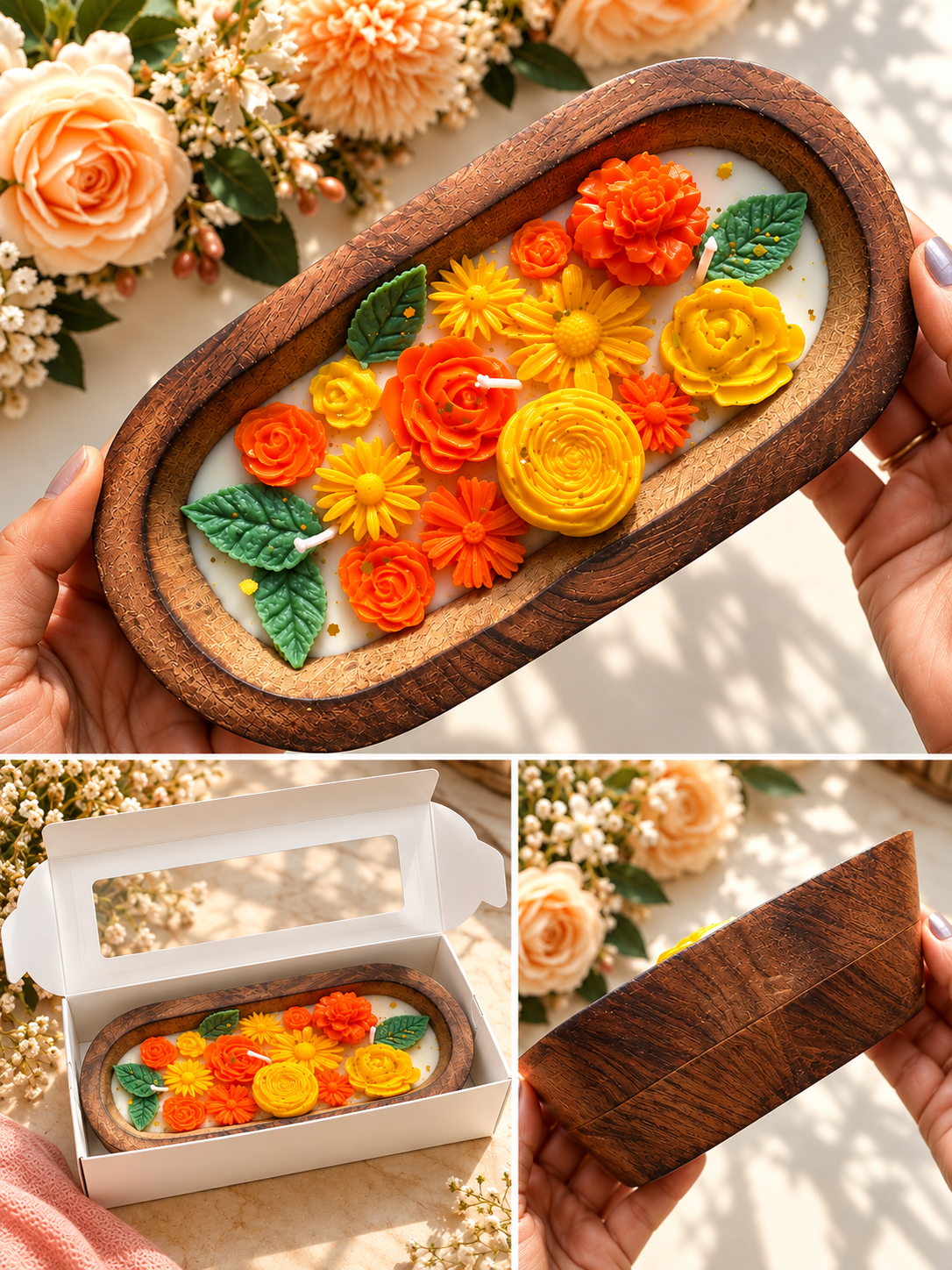Luxury Floral Wooden Tray Candle with Gift Box | Decorative Flower Candle