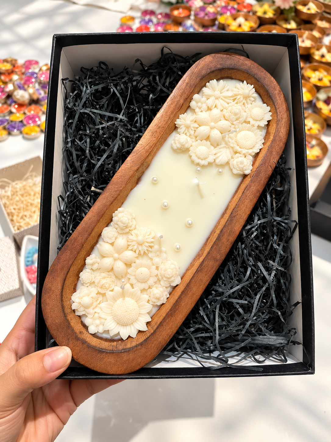 Luxury Floral Candle in Wooden Tray with Gift Box | Decorative Flower Candle