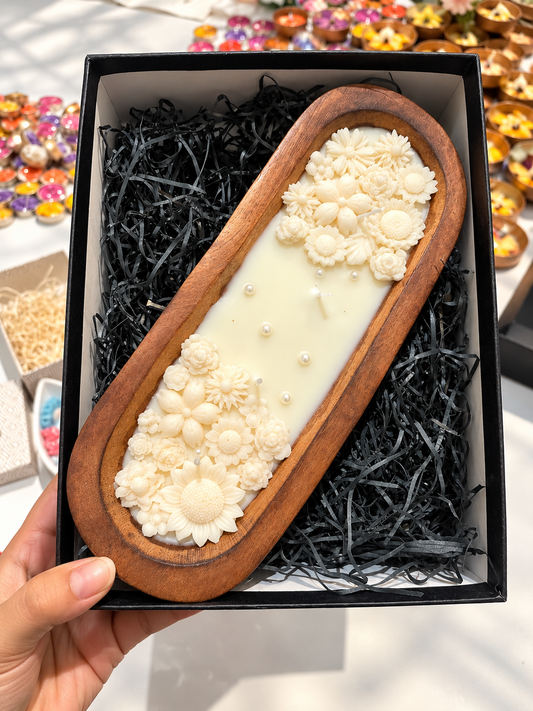 Luxury Floral Candle in Wooden Tray with Gift Box | Decorative Flower Candle