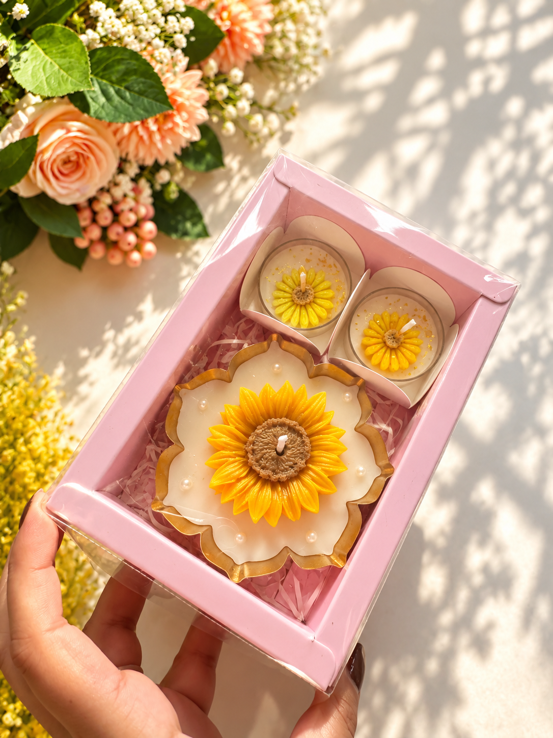 Sunflower Candle Gift Set of 3 with Pink Gift Box | Decorative Floral Candles