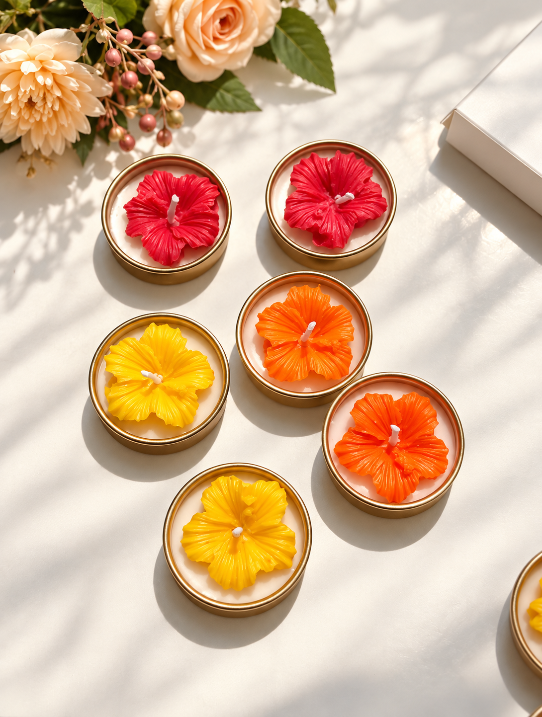 Hibiscus Flower Golden metal Tea Light Candle Set of 5 with Gift Box | 2 Quantity | Decorative Floral Candles
